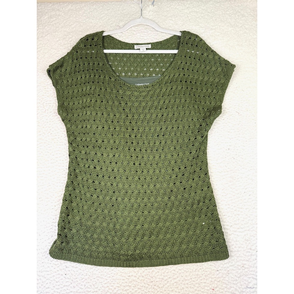 Coldwater Creek Sweater‎ Tank Womens XL Green Crochet Open Knit Cap Sleeve